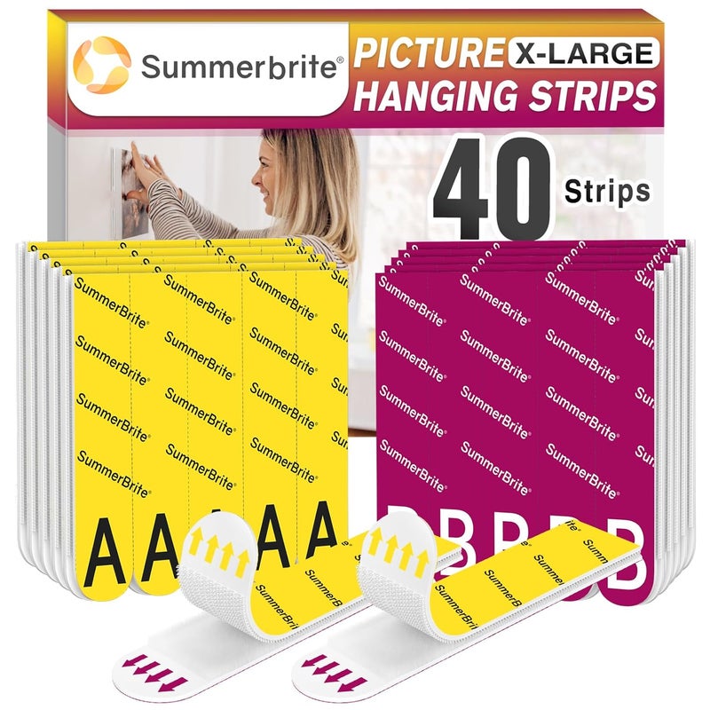 Summerbrite Picture Hanging Strips Heavy Duty XL 20 Pairs/40Strips, Damage Free Hanging Picture Hangers, Removable Adhesive Hook and Loop Wall Strips, Frame Stickers No Nails for Home Decor Wall Posters - Image 1